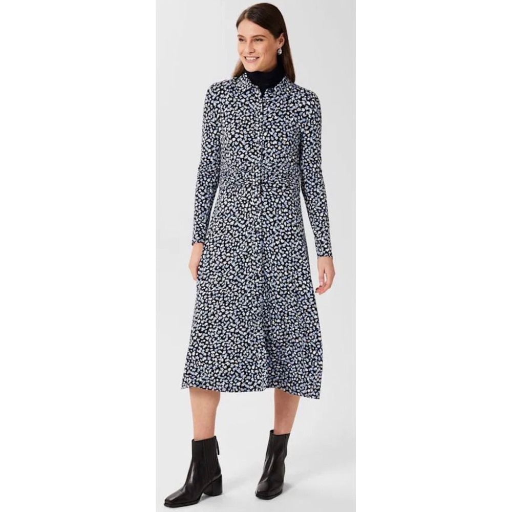 Hobbs London Nadina Jersey Dress Navy Petal Print Ruched Midi Size 10